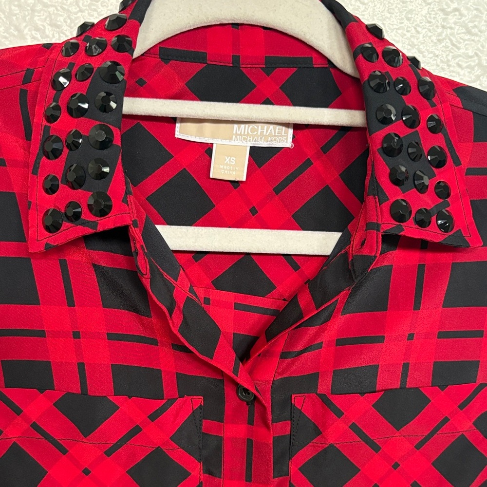Michael Kors studded collar Red and Black Plaid Shirt
